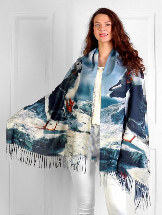 Puffin Print Scarf with Tassels